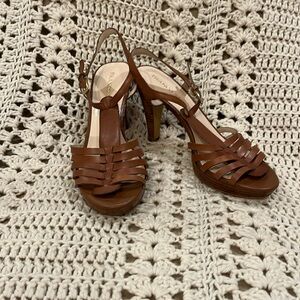 Franco Sarto Brown Leather Strappy Platform High Heeled Sandal Size 8.5